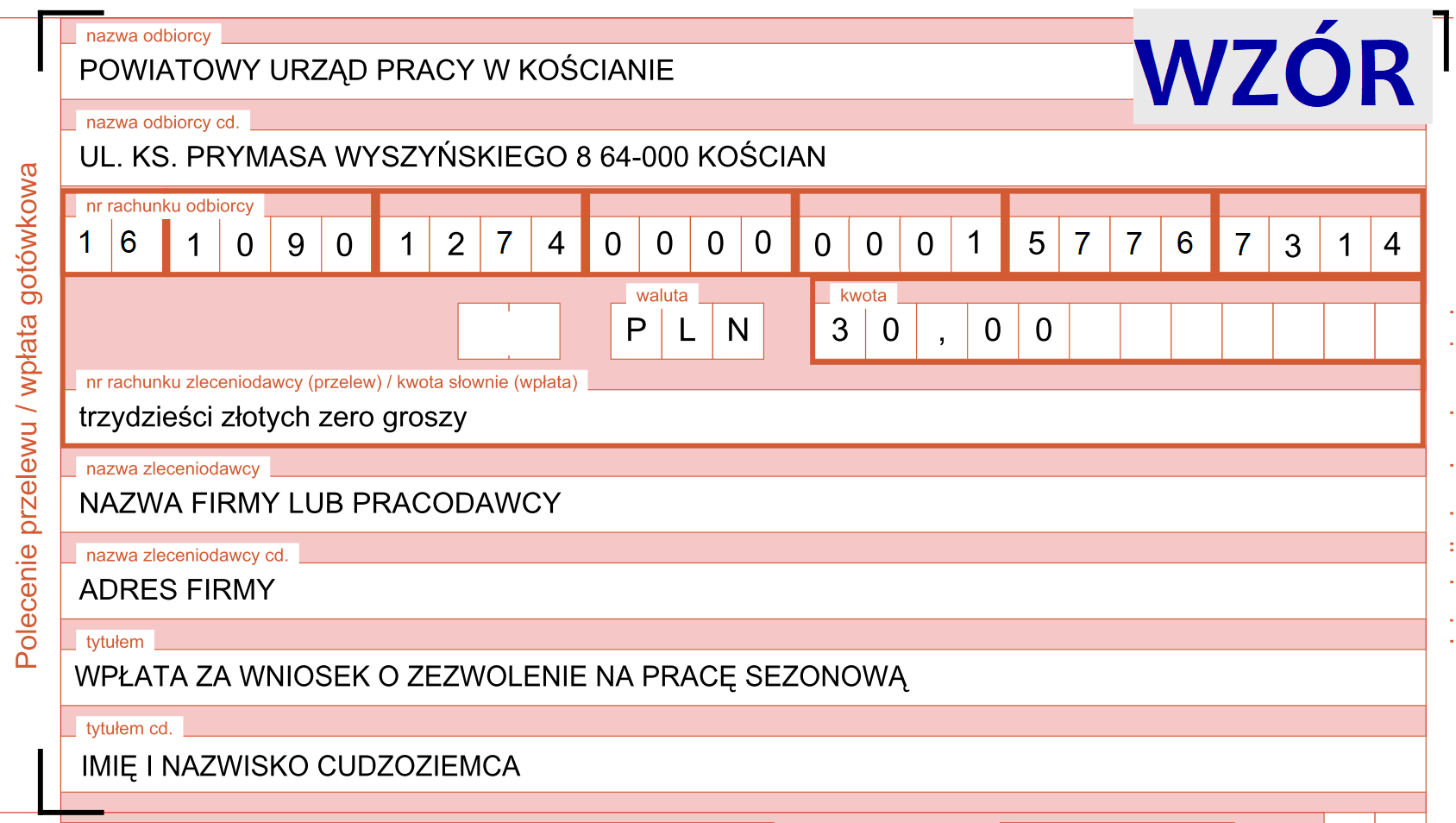 wzór wpłaty zezwolenie na pracę sezonową