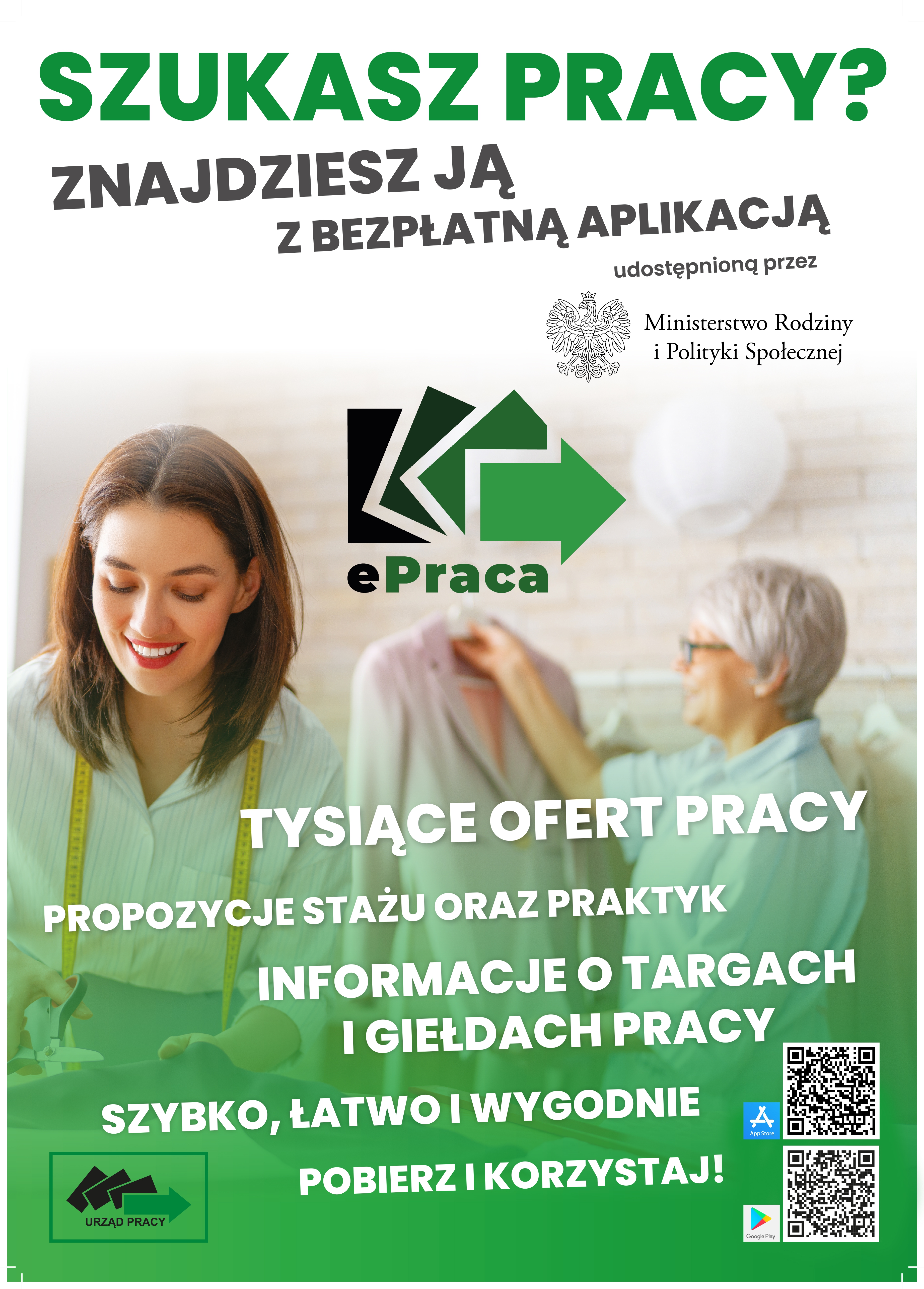 Plakat promujący bezpłatną aplikację ePraca. W tle osoby zadowolone z wykonywanej pracy.