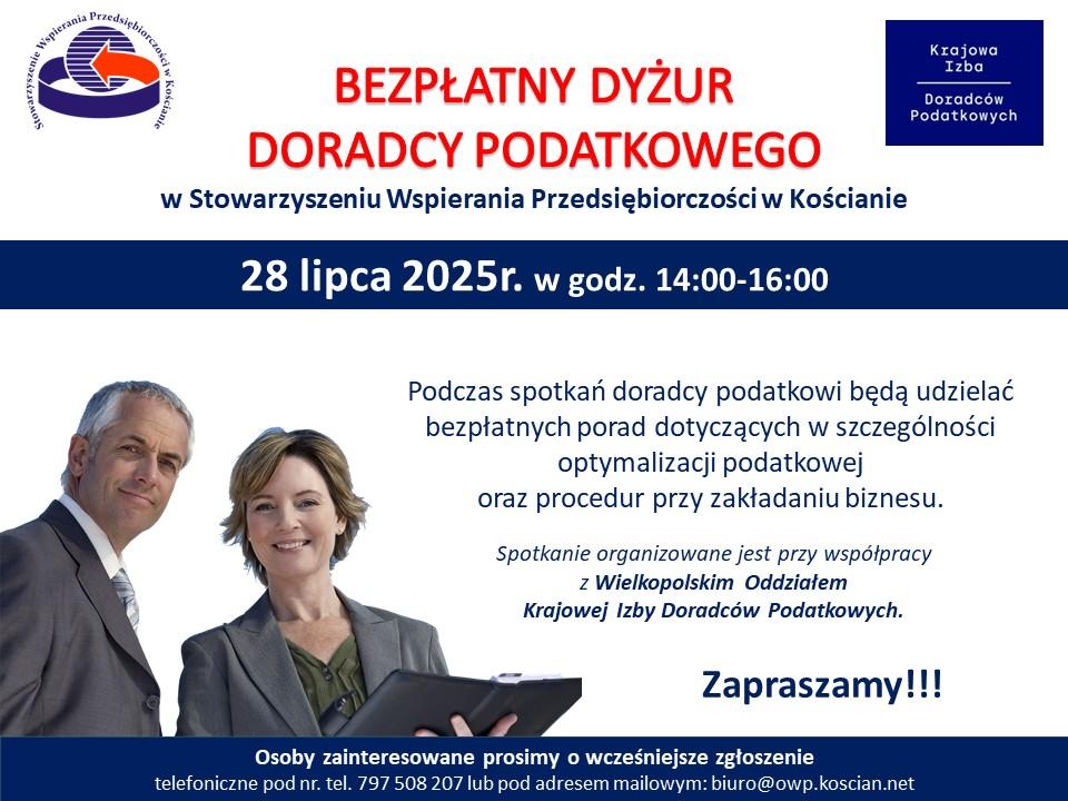 Plakat informujący o możliwości skorzystania z bezpłatnego dyżuru doradcy podatkowego w Stowarzyszeniu Wspierania Przedsiębiorczości w Kościanie w dniu 28 lipca 2025 r.